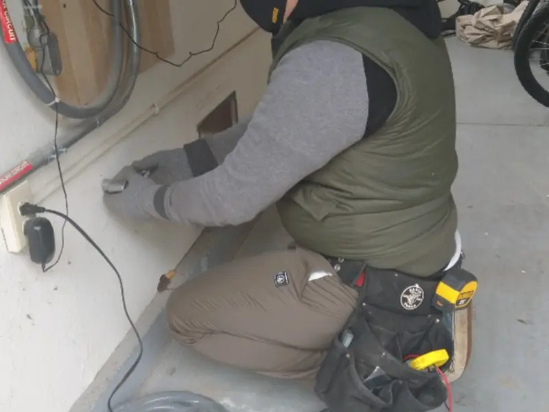 Electrician performing outlet wiring in a Seven Hills garage